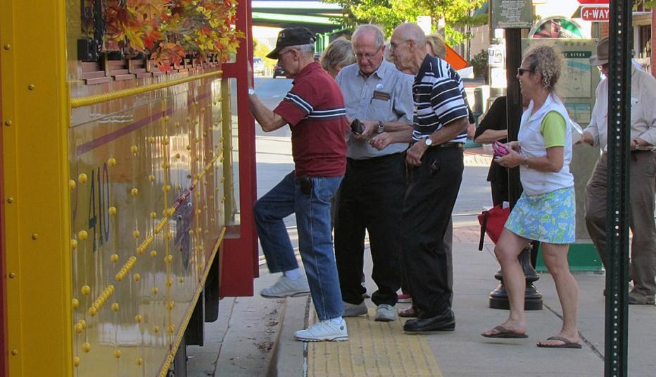 Mature people getting onto bus, City Street, Transportation, Public Policy Institute, AARP, Livable Communities